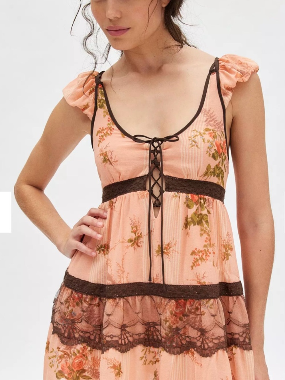 NEW Peach Floral Lace-Trim Mini Dress size L - Picture 2 of 12